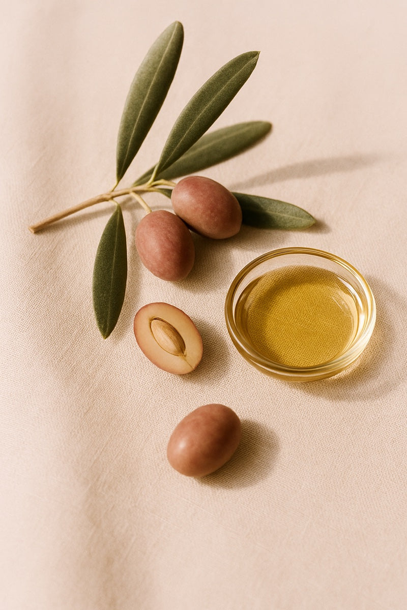 Squalane olive branch with oil dish — editorial botanical
